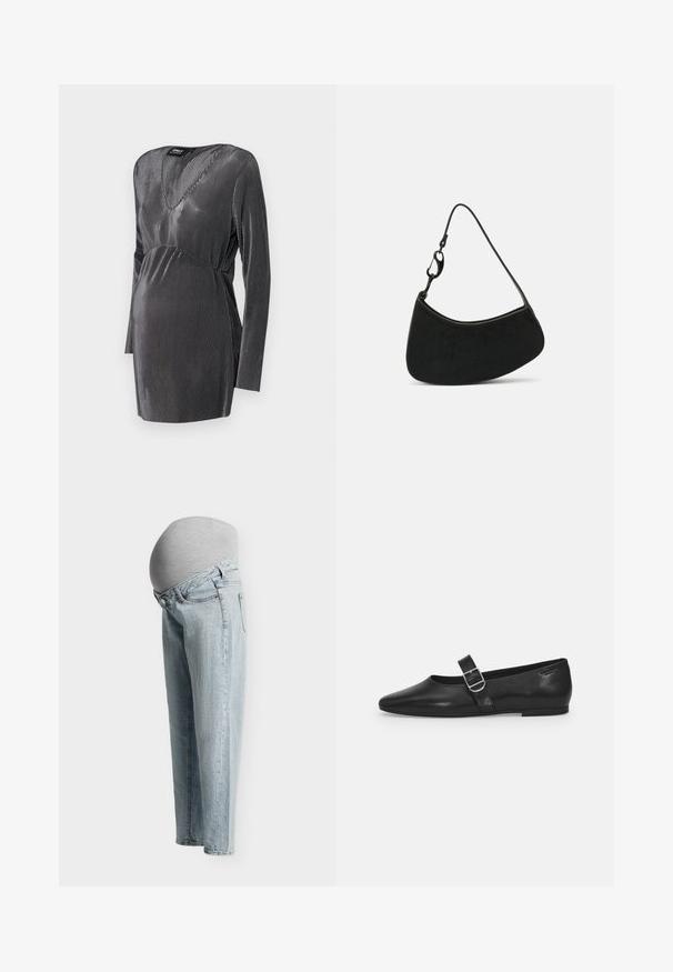 Zwart en zilver gestreepte zwangerschapsjurk met een V-hals, lange mouwen en een empire taille, ontworpen voor comfort en stijl tijdens de zwangerschap.; Lichtblauwe zwangerschapsjeans met een rekbare grijze paneel die de zwangere buik bedekt, gezien van opzij op een effen achtergrond.; Zwarte leren platte schoen met een ronde neus, een enkele verstelbare gespsluiting en een gladde, glanzende textuur. Minimalistisch ontwerp met een lage hak.; Zwarte handtas met een gebogen vorm, een gladde textuur en een korte band met een metalen sluiting. Minimalistisch ontwerp zonder patronen of accenten.