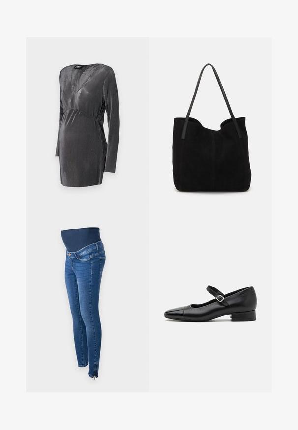 Zwart en zilver gestreepte zwangerschapsjurk met een V-hals, lange mouwen en een empire taille, ontworpen voor comfort en stijl tijdens de zwangerschap.; Zwangerschapsjeans in donkerblauwe denim. Slim fit met een rekbare, ondersteunende buikband. Voorzien van zijritsen bij de enkel.; Zwarte leren Mary Jane schoenen met een gepatenteerde neus, verstelbare enkelband en lage blokhak. Een gladde textuur en een elegante uitstraling.; Zwarte suede tote bag met twee lange, platte leren handvatten. Heeft een gebogen bovenrand en zichtbare stiksels aan de voorkant. Geen hardware-accenten.
