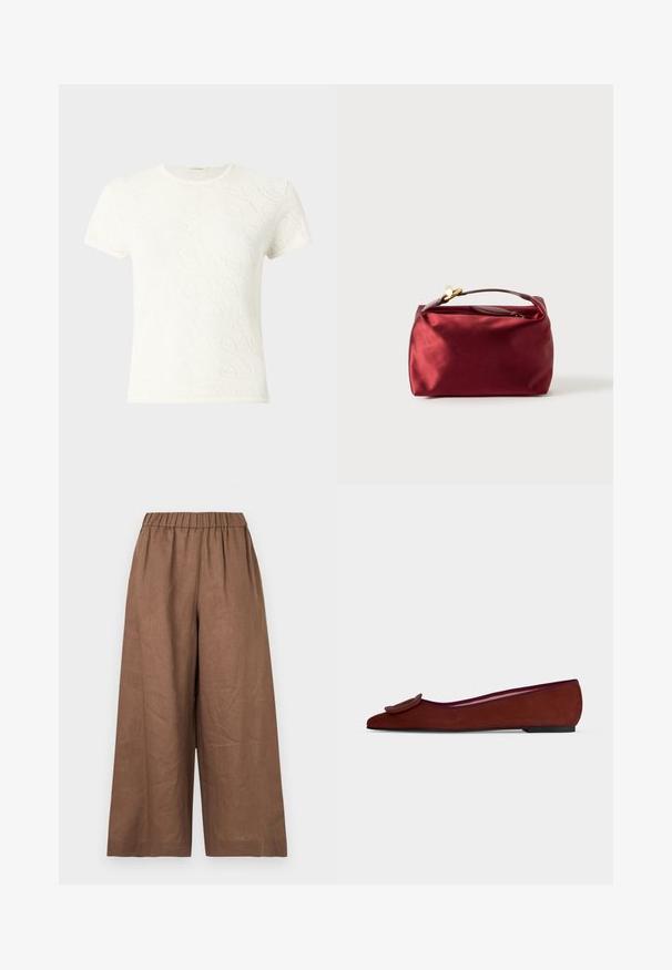 Haut blanc à manches courtes et col rond avec un motif floral perforé subtil sur le tissu.; Pantalon marron à jambes larges avec taille élastique en tissu léger, présenté sur un fond blanc uni.; Chaussure plate en daim marron pour femme avec bout pointu et grande boucle décorative sur le dessus sur fond uni.; Trousse de maquillage en satin bourgogne de forme rectangulaire, avec fermeture éclair et une poignée courte. Présente un design minimaliste et une texture lisse.