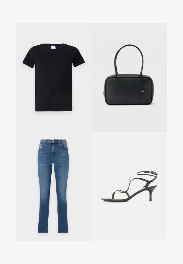 Sort bomulds t-shirt med rund hals og korte ærmer. Har et diskret broderet logo på brystet. Blød, glat tekstur.; Blå denim jeans med lige pasform, fem-lomme design, knaplukning og diskret falming. Glat tekstur og ren kant.; Sort midhæl sandal med stropper, guld accenter perler og ankelrem med spænde på hvid baggrund.; Sort rektangulær håndtaske med dobbelte runde håndtag, gylden lynlås og præget "HUGO"-logo foran med fastgjort lædermærke.