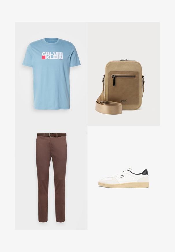 Camiseta de algodón de color azul claro con un destacado logotipo gráfico en blanco y rojo, con un cuello redondo clásico y mangas cortas.; Pantalones de algodón marrón con corte recto, que presentan una textura suave y un cinturón a juego. Sin patrones ni acentos visibles.; Zapatilla deportiva de cuero blanco con talón negro, cierre de cordones, detalles perforados en la parte superior y suela de goma color canela. Presenta acentos con el logo.; Bolso pequeño beige tipo bandolera con bolsillo frontal con cremallera, logo metálico de ALDO, correa ancha ajustable y forma rectangular redondeada sobre fondo blanco.