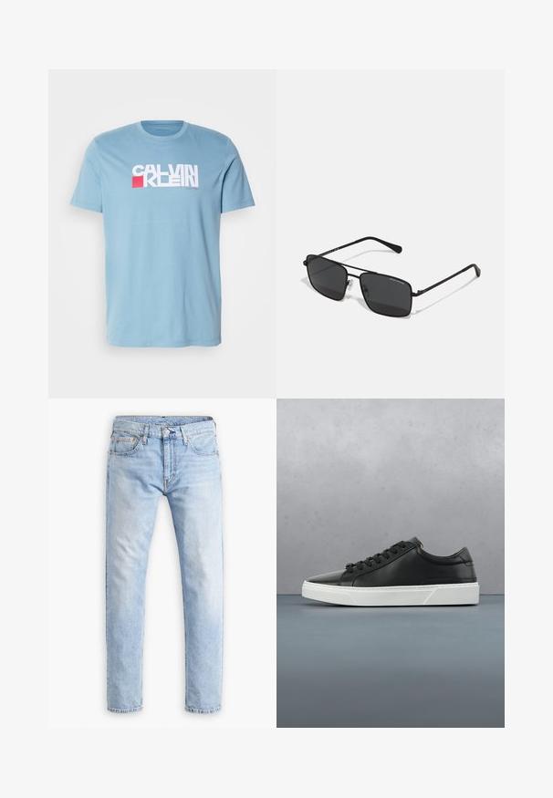 Lyseblå bomulds T-shirt med et fremtrædende grafisk logo i hvid og rød, med klassisk rund hals og korte ærmer.; Lyseblå denim jeans med lige snit, fem lommer og orange syninger, med en knap- og lynlås lukning.; Sorte lædersneakers med rund tå, tekstureret overflade, hvid gummisål og sorte snørebånd. Minimalistisk design med en slank profil.; Sorte rektangulære solbriller med mørke linser, slank metalramme og diskrete næsepuder. Stængerne er lige med tekstdetaljer.