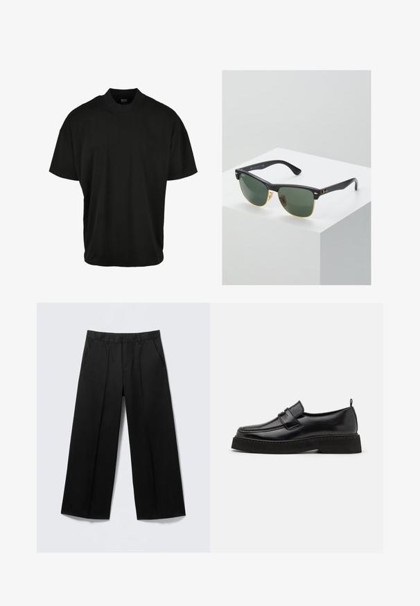 Camiseta de manga corta negra con diseño de cuello redondo, hecha de tela suave, que presenta un ajuste relajado y sin patrones o acentos visibles.; Pantalones negros de pierna ancha con trabillas para cinturón, bolsillos delanteros y cierre de cremallera, exhibidos sobre un fondo gris claro.; Zapatos estilo mocasín de cuero negro con suela plana y texturizada, con puntera cosida y una correa a lo largo del empeine.; Gafas de sol Ray-Ban con lentes verdes, montura de plástico negro y acentos dorados en los bordes. Forma cuadrada con acabado mate.