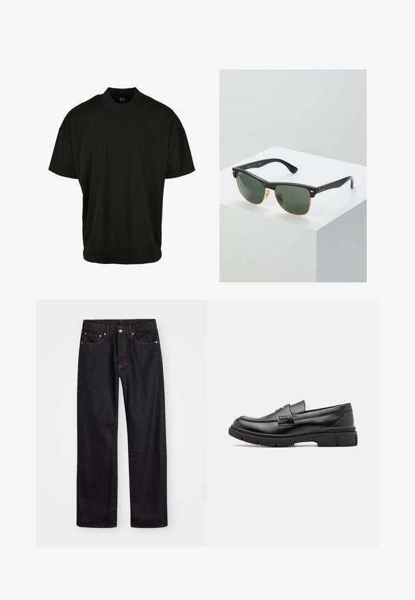 Camiseta de manga corta negra con diseño de cuello redondo, hecha de tela suave, que presenta un ajuste relajado y sin patrones o acentos visibles.; Jeans de mezclilla negros de pierna recta para hombre, con cinco bolsillos y costuras en color naranja, cierre de botón y cremallera en la parte delantera de la cintura.; Mocasin de cuero negro con una cinta ancha en el empeine, suela de goma con tacos gruesos y textura suave. Diseño clásico y elegante.; Gafas de sol Ray-Ban con lentes verdes, montura de plástico negro y acentos dorados en los bordes. Forma cuadrada con acabado mate.