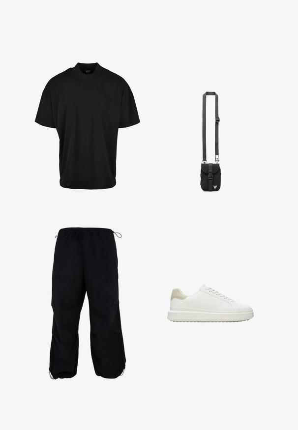 Sort kortærmet T-shirt med rund halsudskæring, lavet af blødt stof, med en afslappet pasform og uden synlige mønstre eller accenter.; Sort, løstsiddende cargo-bukser med elastisk talje og justerbar snor. Har lynlåslommer og anklekant.; Hvide sneakers lavet af glat læder med en tekstureret beige hælaccent, med runde snørebånd, et lavt profil design og en gummiydersål.; Sort stof crossbody tas med justerbar skulderrem, frontklap og lynlåslomme. Udstyret med mærkehardware og en kompakt rektangulær form.