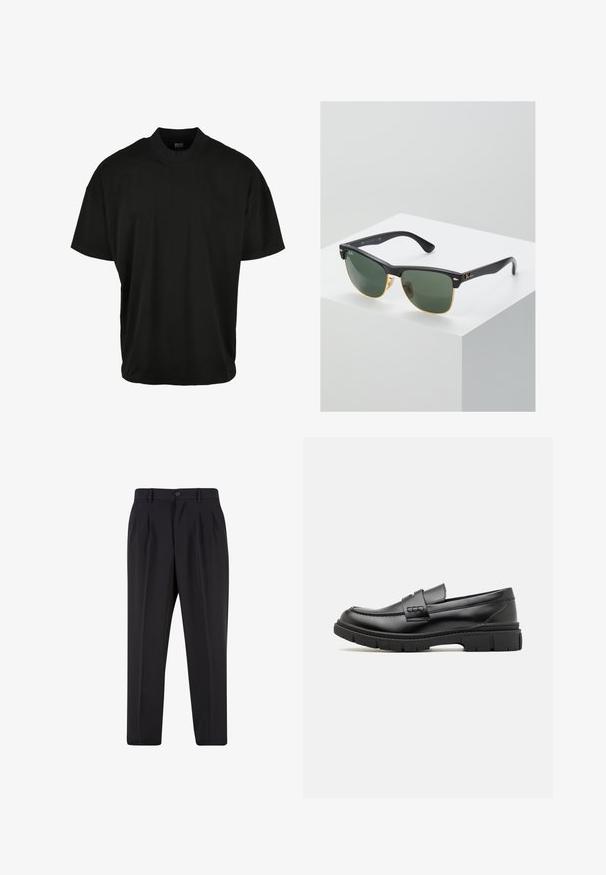 Zwarte T-shirt met korte mouwen en een ronde hals, gemaakt van zachte stof, met een ontspannen pasvorm en zonder zichtbare patronen of accenten.; Zwarte op maat gemaakte broek met voorplooien, riemlussen en een knoopsluiting in de taille.; Zwarte leren instapper met een brede band over de voet, rubberen zool met dikke noppen en een gladde textuur. Klassiek, strak ontwerp.; Ray-Ban zonnebrillen met groene lenzen, zwarte plastic monturen en gouden accenten aan de randen. Vierkante vorm met een matte afwerking.
