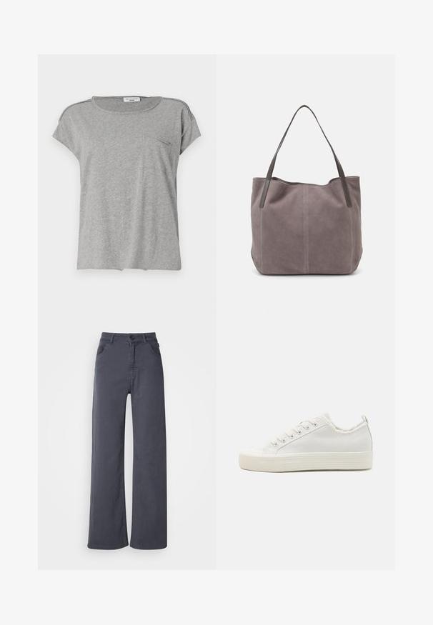 Camiseta gris de manga corta hecha de tela suave. Presenta un cuello redondo y un pequeño bolsillo en el pecho. Diseño simple sin patrones ni impresiones.; Pantalones rectos de color gris oscuro con bolsillos frontales, pasadores para cinturón y un cierre de botón y cremallera sobre un fondo blanco.; Zapatillas de lona blancas con un upper texturizado, puntera redonda, suela plana y cordones en la parte delantera. Cuenta con un cuello ligeramente deshilachado y una lengüeta.; Bolso tote de ante gris con dos asas de cuero oscuro. Presenta detalles de costura en los laterales, una textura suave y una abertura espaciosa.