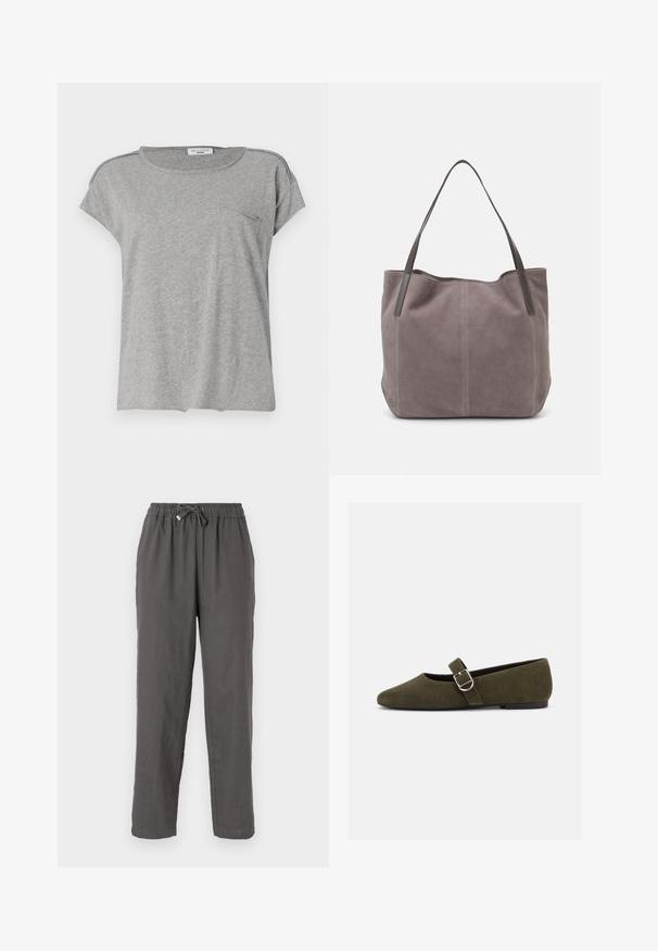 Camiseta gris de manga corta hecha de tela suave. Presenta un cuello redondo y un pequeño bolsillo en el pecho. Diseño simple sin patrones ni impresiones.; Pantalones de lino grises con cintura elástica, detalle de cordón, corte recto y una tela suave y texturizada.; Zapato plano Mary Jane de ante verde oliva con hebilla de plata y punta redondeada, mostrado sobre un fondo blanco.; Bolso tote de ante gris con dos asas de cuero oscuro. Presenta detalles de costura en los laterales, una textura suave y una abertura espaciosa.