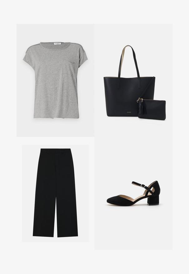 Camiseta gris de manga corta hecha de tela suave. Presenta un cuello redondo y un pequeño bolsillo en el pecho. Diseño simple sin patrones ni impresiones.; Pantalones negros de pierna ancha hechos de una tela suave. Presentan una cintura plana con pasadores de cinturón y sin bolsillos visibles. Diseño sencillo.; Zapato de tacón alto de ante negro con punta afilada y un tacón ancho y cuadrado. Presenta una correa ajustable en el tobillo con una hebilla plateada.; Bolsa tote negra con material texturizado, dos asas largas y un bolso con cremallera removible que cuenta con un detalle de borlas. Logo de la marca en dorado visible.