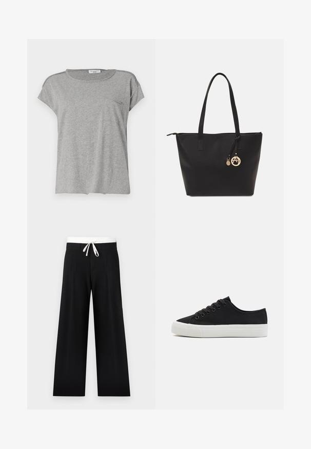 Camiseta gris de manga corta hecha de tela suave. Presenta un cuello redondo y un pequeño bolsillo en el pecho. Diseño simple sin patrones ni impresiones.; Pantalones negros de pierna ancha con una cinturilla elástica blanca y cordón, con pliegues frontales y una textura suave.; Zapatillas de lona negras con suela de goma blanca, que cuentan con seis agujeros para cordones y puntera redonda. Diseño simple con mínimos detalles.; Bolso tote negro hecho de material sintético liso, con dos asas largas, cierre de cremallera y un charm dorado con un logo circular.