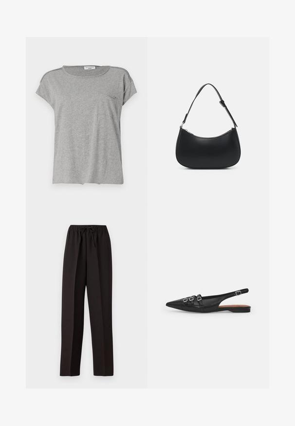 Grau kurzärmliges T-Shirt aus weichem Stoff. Verfügt über einen Rundhalsausschnitt und eine kleine Brusttasche. Einfaches Design ohne Muster oder Druck.; Schwarze, weite Hose mit elastischem Bund und verstellbarem Kordelzug. Hergestellt aus einem glatten, leichten Stoff ohne sichtbare Muster.; Schwarze Leder-Slingback-Ballerina mit spitzem Zeh, ausgestattet mit zwei horizontalen Riemen und quadratischen silbernen Schnallen, mit flachem Absatz und glatter Oberfläche.; Pieces PCALUANA SHOULDER BAG - Handtasche - black