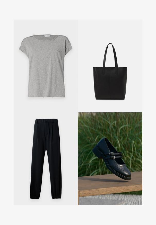 Camiseta gris de manga corta hecha de tela suave. Presenta un cuello redondo y un pequeño bolsillo en el pecho. Diseño simple sin patrones ni impresiones.; Pantalones negros con cintura elástica y cierre de botón, diseño de pierna recta y puños fruncidos. Fabricados con una tela suave y ligera.; Zapato Mary Jane negro de cuero con dobles correas con hebillas y detalles brogue, flotando sobre un banco de madera con fondo de césped verde.; Bolso tote negro hecho de material texturizado, con dos asas largas y un diseño simple y minimalista sin herrajes visibles.