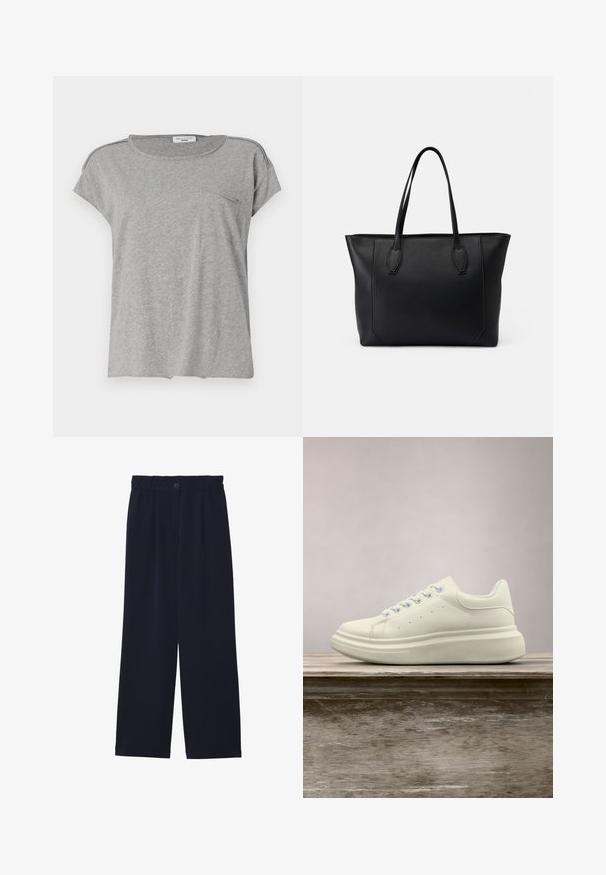 Camiseta gris de manga corta hecha de tela suave. Presenta un cuello redondo y un pequeño bolsillo en el pecho. Diseño simple sin patrones ni impresiones.; Pantalones de pierna ancha en azul marino con una textura suave, cintura elástica, un pliegue frontal y un cierre de botón en la cintura.; Zapatilla deportiva de cuero blanco con puntera redonda, textura lisa y cordones en contraste. Cuenta con orificios de ventilación y una suela de goma gruesa para mayor comodidad.; Bolso tote de cuero negro con dos asas resistentes, que presenta una textura suave, forma rectangular y detalles de costura sutiles a lo largo de los bordes.