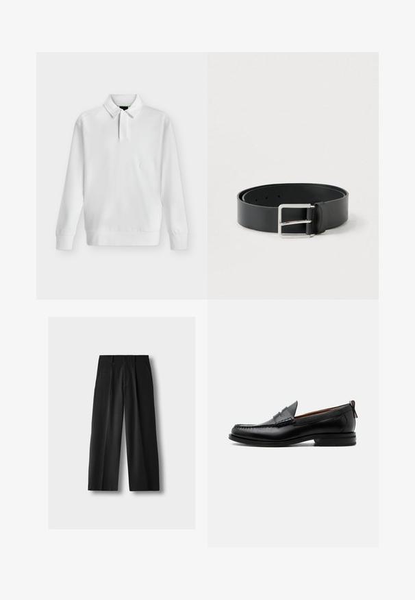 Pull blanc à manches longues avec col, patte de boutonnage cachée à l’avant, poignets et ourlet côtelés.; Pantalon large noir taille haute avec plis à l'avant, poches latérales, passants pour ceinture et fermeture par bouton sur fond gris clair.; Mocassin homme en cuir noir avec couture moc toe, bride penny, col texturé et petit talon empilé sur fond blanc.; Ceinture en cuir noir à finition lisse, avec une boucle rectangulaire en métal argenté et plusieurs trous de réglage.