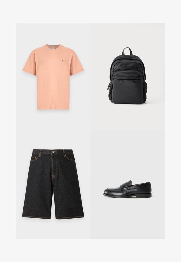 Kurzarm-T-Shirt mit Rundhalsausschnitt aus leichtem Pfirsichbaumwolle, mit kleinem grünen Lacoste-Krokodil-Logo auf der linken Brust.; Schwarze Jeansshorts mit geradem Beinschnitt, orangefarbener Naht, fünf Taschen und einem Metallknopfverschluss am Bund.; Schwarze Leder-Loeffler mit abgerundetem Zehenbereich, gesteppten Details und einer flachen Gummisohle. Verfügt über ein breites Band über dem Fußrücken.; Schwarzer Nylon-Rucksack mit mehreren Reißverschlussfächern und einem gebrandeten oberen Griff vor weißem Hintergrund.