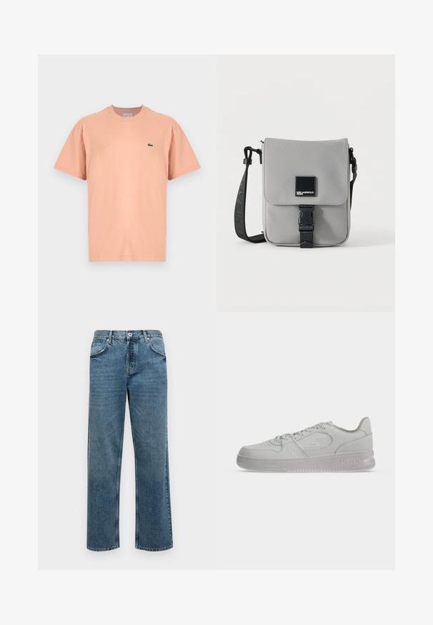 Camiseta de manga corta y cuello redondo en algodón color durazno claro con un pequeño logo de cocodrilo verde de Lacoste en el lado izquierdo del pecho.; Pantalones vaqueros de denim azul con corte recto, que cuentan con cinco bolsillos, cierre de botón y cremallera, y detalles de costura visibles.; Zapatilla blanca de corte bajo Lacoste con cordones, logo en relieve en el lateral y suela texturizada sobre un fondo liso.; Bolso bandolera gris con correa negra ajustable, solapa frontal sujeta con hebilla negra, con parche cuadrado con logo de Karl Lagerfeld Jeans.