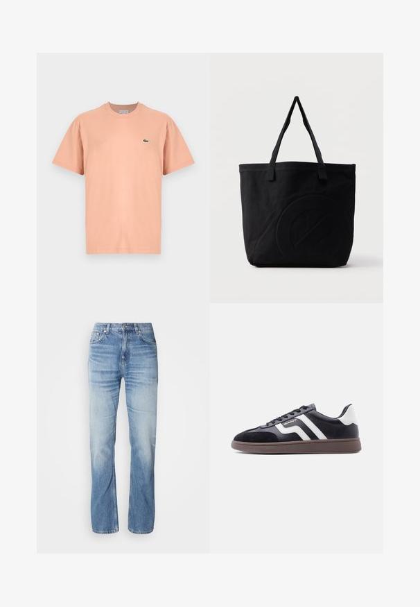 Camiseta de manga corta y cuello redondo en algodón color durazno claro con un pequeño logo de cocodrilo verde de Lacoste en el lado izquierdo del pecho.; Jeans de mezclilla azul claro con corte recto, acabado desgastado, cinco bolsillos y cierre de botón. Diseño clásico y grosor medio.; Zapatillas negras con material de ante y sintético, rayas diagonales blancas y suela marrón texturizada. Presentan un diseño con cordones y cuello acolchado.; Bolsa tote de lona negra con dos correas para el hombro y un diseño circular en relieve sutil en el frente.