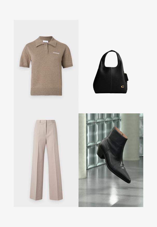 Polo en maille à manches courtes de couleur marron clair, doté d'un col côtelé, d'une patte à trois boutons et d'un logo brodé sur la poitrine.; Pantalons beige à jambes larges en tissu lisse, avec une taille haute, des plis avant et une silhouette ajustée.; Bottine en cuir noir avec un bout pointu et un talon carré lévitant au-dessus d'un sol gris réfléchissant près d'un mur en blocs de verre.; Sac à main en cuir noir avec poignées courtes, forme structurée, coutures visibles et petit détail en métal doré sur le bas à droite à l'avant.