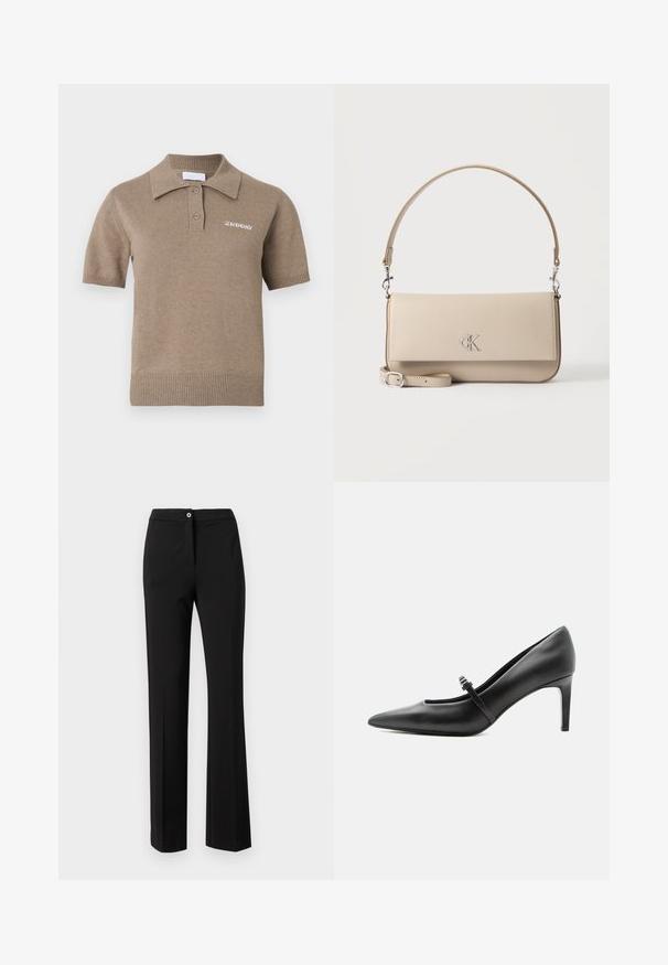 Polo en maille à manches courtes de couleur marron clair, doté d'un col côtelé, d'une patte à trois boutons et d'un logo brodé sur la poitrine.; Pantalons noirs en tissu lisse, avec une coupe droite, une fermeture dissimulée et un détail de bouton unique à la taille.; Escarpin noir en cuir à bout pointu avec une fine bride et une boucle sur le cou-de-pied, posé sur un fond clair neutre.; Sac à main en cuir beige avec une poignée supérieure et une bandoulière détachable, arborant un logo "cK" argenté sur le rabat avant.
