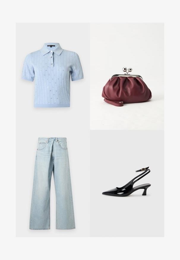Polo en tricot bleu clair à manches courtes avec motif floral en œillets et trois boutons sur le devant, sur un fond uni.; Jean denim bleu clair à jambes larges avec passants de ceinture et poches avant, présenté de face sur un fond uni.; Escarpins à brides arrière en cuir verni noir, à bout pointu, avec un petit talon carré et une sangle de cheville ajustable dotée d'une boucle dorée.; Petit sac pochette en cuir bordeaux avec fermoir métallique argenté et bracelet sur fond blanc.