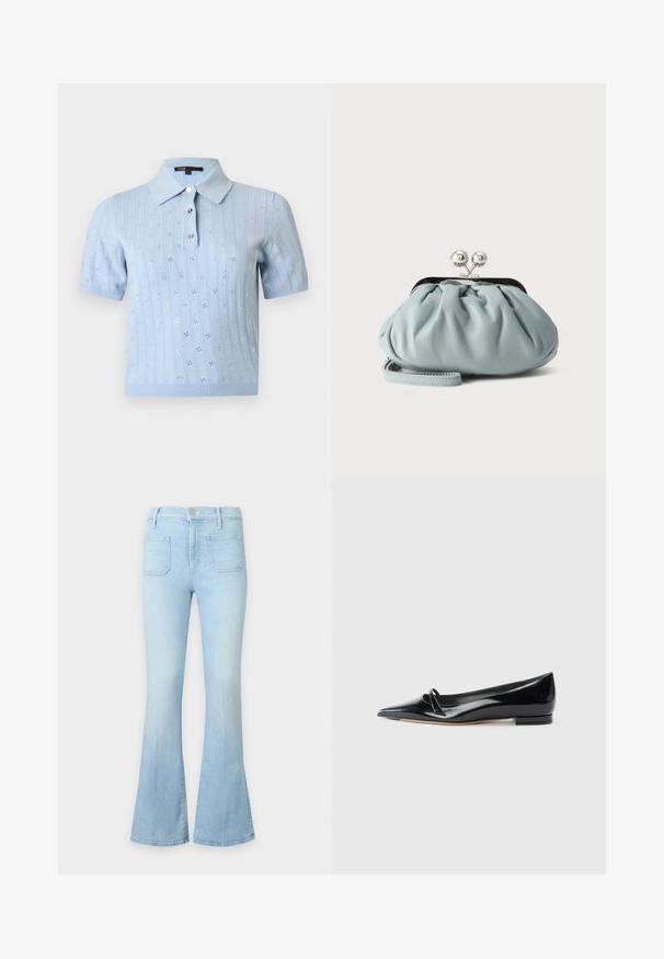 Polo en tricot bleu clair à manches courtes avec motif floral en œillets et trois boutons sur le devant, sur un fond uni.; Jean en denim bleu clair avec une taille haute, des poches plaquées à l'avant et des jambes évasées sur un fond neutre.; Chaussure plate en cuir verni noir avec un bout pointu, une petite lanière décorative et un petit talon carré. Texture lisse et design épuré.; Petit porte-monnaie en cuir bleu clair avec fermoir métallique argenté de type kiss-lock et court bracelet de poignet sur fond uni.