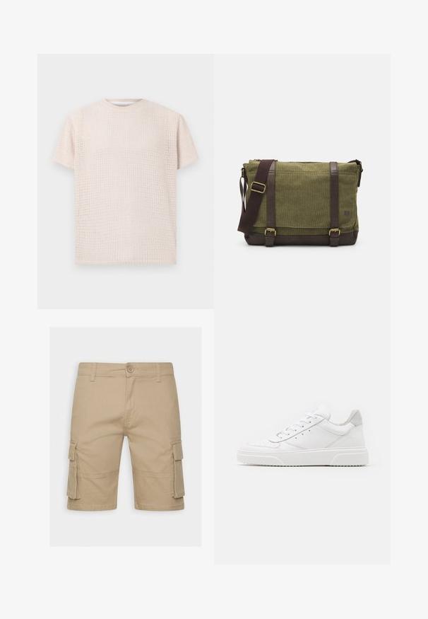 Licht beige korte mouwen t-shirt met een gestructureerd patroon en een losse pasvorm. Ronde halslijn en zachte stof, geschikt voor casual draag.; Beige heren cargo shorts met knoopsluiting, riemlussen en klepzakken aan beide zijden.; Witte leren sneakers met een gladde afwerking, ronde neus, platte veters en een gestructureerde zool. Grijze suède accent bij de hiel.; Groene stoffen schoudertas met bruine leren accenten, een voorflap, een verstelbare schouderriem en een ritssluiting aan de bovenkant. Voorzien van gouden hardware.