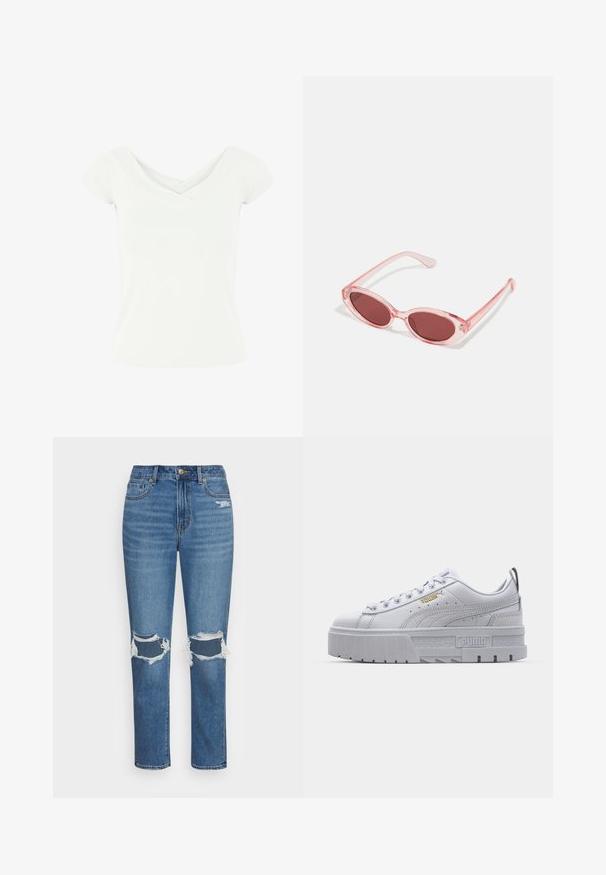 Haut blanc à manches courtes avec un design croisé en V, fabriqué dans un tissu lisse. Il présente une silhouette ajustée et un ourlet net.; American Eagle MOM - Jean slim - cool classic; Baskets plateformes blanches avec une tige en cuir lisse, un col rembourré, une semelle en caoutchouc grise et des accents dorés arborant le logo Puma.; Lunettes de soleil transparentes roses avec des verres ovales, teintés d'un rouge foncé, et des branches fines, présentant une finition lisse et des détails subtils sur la monture.