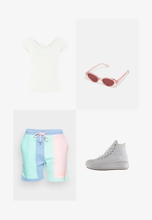 Hvid kortærmet top med en crossover V-udskæring, lavet af et glat stof. Har en tætsiddende silhuet og en ren kant.; Farverige sportsst shorts med strukturerede paneler i mintgrøn, pastelpink og blå. Elastisk talje med snøre og logo-detail.; Hvid højt canvas sneaksko med hvide snørebånd, metaløjer, tyk gummisål og tekstureret tåhætte, vendt mod venstre på en hvid baggrund.; Lyserøde transparente solbriller med ovale linser, mørkerød toning og slanke stænger, der har en glat overflade og diskret detaljering på rammen.