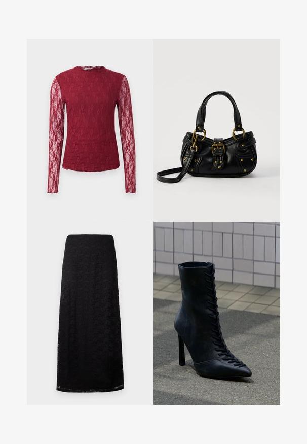 Langærmet bordeaux bluse med blonde, gennemsigtige ærmer, blomsterdesign og rund halsudskæring på en ensfarvet baggrund.; Sort blondes midi-nederdel med blomstermønster, lige skæring og subtil tekstur, vist mod en ensfarvet hvid baggrund.; Sort højhælet læderankelstøvle med snørebånd foran, spids snude, stående på asfalt nær en flisebelagt væg baggrund.; Sort læderhåndtaske med guldbælge og nitdetaljer, korte håndtag og en justerbar skulderrem på en ensfarvet hvid baggrund.