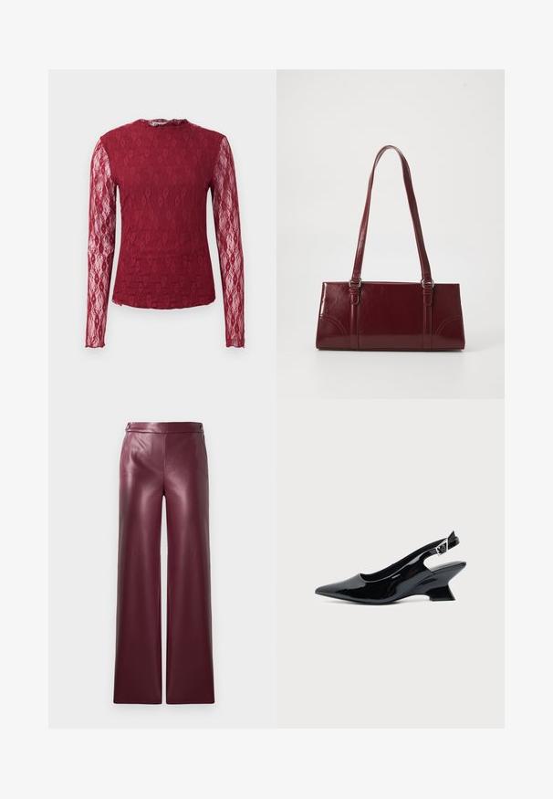 Langærmet bordeaux bluse med blonde, gennemsigtige ærmer, blomsterdesign og rund halsudskæring på en ensfarvet baggrund.; Bordeaux farvet imiteret læderbukser med bred ben-design, der har en glat tekstur og knapdetaljer ved taljen.; Sort laklæder slingback sko med spids tå og lav vinklet blokhæl på ensartet lys baggrund.; Bordeaux håndtaske lavet af glansfuldt materiale, rektangulær form, med to skulderremme og subtile buede detaljer på forsiden.