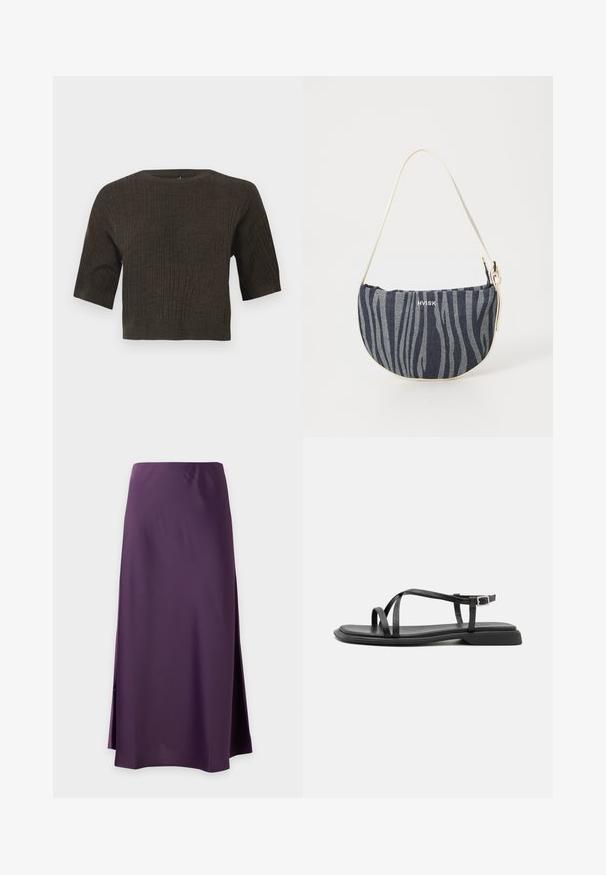 Brun ribbet strik top med korte ærmer, rund halsudskæring og cropped design. Den strukturerede stof fremhæver lodrette linjer gennem hele toppen.; Simpel lilla lang nederdel med en let sidelomme, glat stof og lige snit mod en hvid baggrund.; Sorte flade sandaler med tynde justerbare stropper, rektangulær tåpost og en struktureret mat finish. Har en lav, let firkantet hæl.; Denim taske med en buet form, der har et navy og lyseblåt zebra-stribemønster, hvid strop og brandlogoet tydeligt præsenteret.