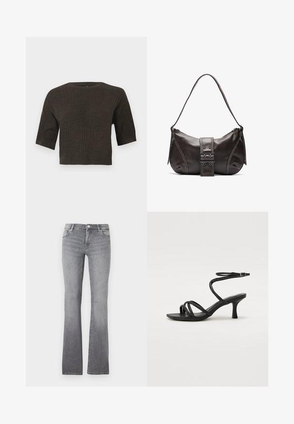 Braun gerippter Strickoberteil mit kurzen Ärmeln, rundem Halsausschnitt und cropped Design. Die strukturierte Stoff hat vertikale Linien, die sich durch das gesamte Oberteil ziehen.; Graue, aus Denim gefertigte, ausgestellte Jeans mit weichem Stoff, fünf Taschen und einem metallischen Knopfverschluss am Bund.; Even&Odd Wide Fit Riemensandalette - black; Braune Lederumhängetasche mit gebogener Form, die mit einem auffälligen Schnallendetail, kontrastierenden Nähten und einem einzigen Schulterriemen ausgestattet ist.