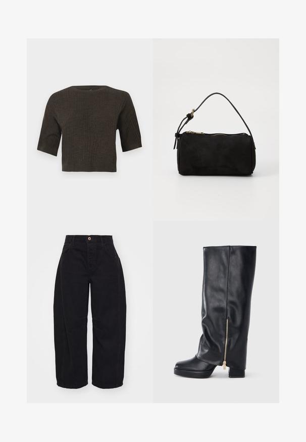 Brun ribbet strik top med korte ærmer, rund halsudskæring og cropped design. Den strukturerede stof fremhæver lodrette linjer gennem hele toppen.; Free People GOOD LUCK MID RISE BARREL - Jeans Relaxed Fit - soundwave; Sort knæhøj læderstøvle med chunky hæl og gulddetalje i form af en lynlås på siden mod en hvid baggrund.; Sort ruskinds taske med en rund form, top lynlås lukning, kort håndtag og en dekorativ frynsedetalje. Glat tekstur med minimal hardware.