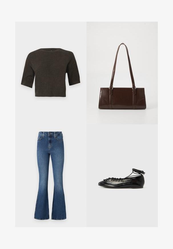 Braun gerippter Strickoberteil mit kurzen Ärmeln, rundem Halsausschnitt und cropped Design. Die strukturierte Stoff hat vertikale Linien, die sich durch das gesamte Oberteil ziehen.; Ausgestellte blaue Jeans aus Denim mit hoher Taille, ausgestattet mit einem klassischen Fünf-Taschen-Design und einem Knopfverschluss. Weiche Textur mit leichten Verwaschungseffekten.; Schwarze Ballerinas aus Lackleder mit runder Spitze, Schnürdesign und flacher Sohle. Glatte Textur mit minimaler Verzierung.; Braune Lackleder-Handtasche in rechteckiger Form, mit zwei langen Griffen und subtilen, geschwungenen Akzenten auf der Vorderseite.