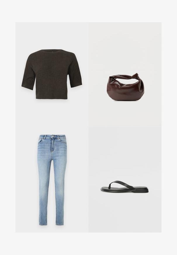 Brun ribbet strik top med korte ærmer, rund halsudskæring og cropped design. Den strukturerede stof fremhæver lodrette linjer gennem hele toppen.; Stramme jeans lavet af lys blå denim, med høj talje, subtil falming, standard fem-lomme design og lynlåsgylp med knappelukning.; Sorte flip-flops lavet af glat læder, med et tyndt remdesign og en flad sål med et minimalt profil. Ingen bemærkelsesværdige mønstre eller accenter.; Mørkebrun læder skuldertaske med en blød, afslappet form og et snoet knudehåndtag på en ensartet hvid baggrund.