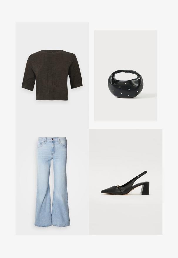 Braun gerippter Strickoberteil mit kurzen Ärmeln, rundem Halsausschnitt und cropped Design. Die strukturierte Stoff hat vertikale Linien, die sich durch das gesamte Oberteil ziehen.; Hellblaue Jeans mit ausgestelltem Bein, hoher Taille, Denim-Stoff, fünf Taschen und Knopfverschluss. Die Beine sind weit geschnitten und haben ein leicht ausgewaschenes Finish.; Schwarze Leder-Slingback-Pumps mit spitzem Zehenbereich, schmalem Vorderband und Blockabsatz. Glatte Oberfläche mit goldenen Akzentdetails.; Schwarze Lederhandtasche mit abgerundeter Form, verziert mit silbernen Nietenakzenten und kurzem Griff. Glatte Struktur und Reißverschlussverschluss.