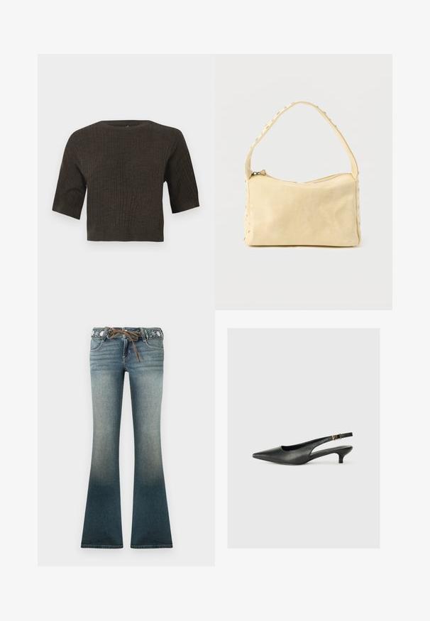 Braun gerippter Strickoberteil mit kurzen Ärmeln, rundem Halsausschnitt und cropped Design. Die strukturierte Stoff hat vertikale Linien, die sich durch das gesamte Oberteil ziehen.; Ausgestellte Jeans aus Denim in einem Farbverlauf von Hell- zu Dunkelblau, mit einem bestickten Taillenbund und einem braunen Kordelzug als zusätzliches Detail.; Schwarzer Slingback-Schuh mit spitzem Zehenbereich aus glattem Leder. Mit einem dünnen Absatz und einer dekorativen Schnalle am verstellbaren Riemen.; Kleine beige Ledertasche mit einem einzigen Riemen und silbernen Nieten entlang der Kanten und des Riemens, vor einem schlichten Hintergrund.