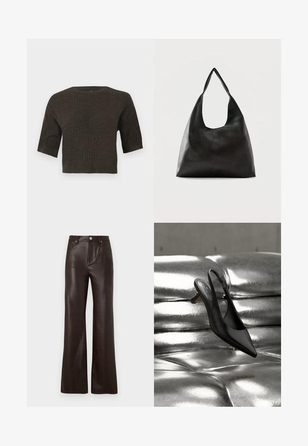 Brun ribbet strik top med korte ærmer, rund halsudskæring og cropped design. Den strukturerede stof fremhæver lodrette linjer gennem hele toppen.; Vero Moda Wide-leg VMTESSA High rise - Bukser - chocolate torte; Sort spids slingback-sko med blank læderfinish, der har en lav blokhæl og en slank ankelrem, svævende over en metallisk overflade.; Sort skuldertaske i glat læder med en bred, enkelt strop og et afslappet, minimalistisk design mod en ensfarvet baggrund.