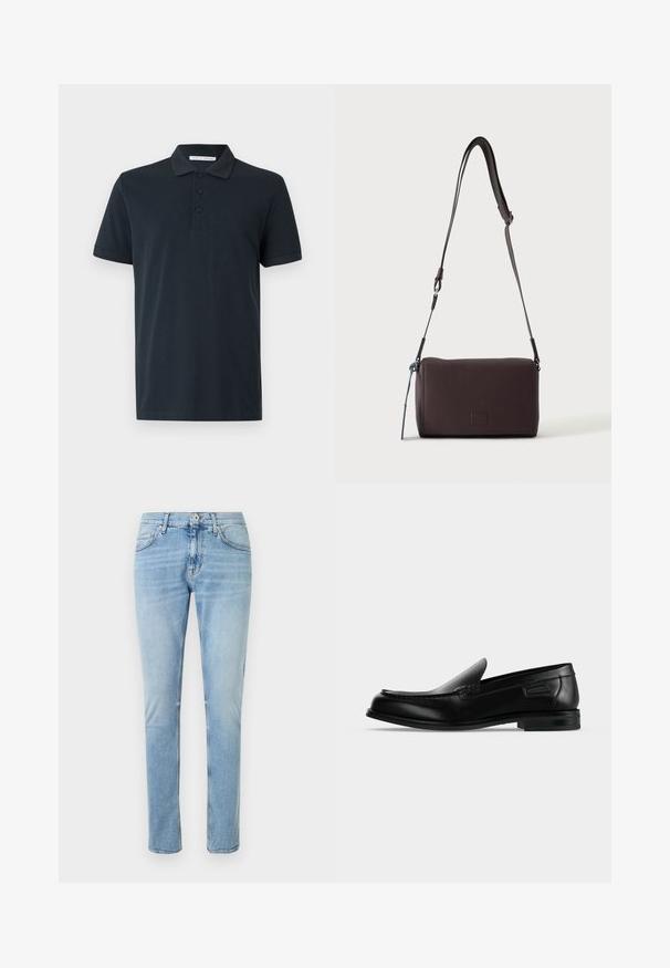 Polo noir à manches courtes avec col et trois boutons sur le devant, étiquette de marque à l'intérieur du col, design uni.; Jean slim en denim bleu clair avec bouton devant, fermeture éclair et design classique à cinq poches sur fond blanc uni.; Mocassin noir en cuir à enfiler avec un petit talon, un bout arrondi et des surpiqûres décoratives le long du bord supérieur.; Sac bandoulière en cuir marron foncé texturé avec une sangle réglable et un petit accent décoratif bleu sur le côté.
