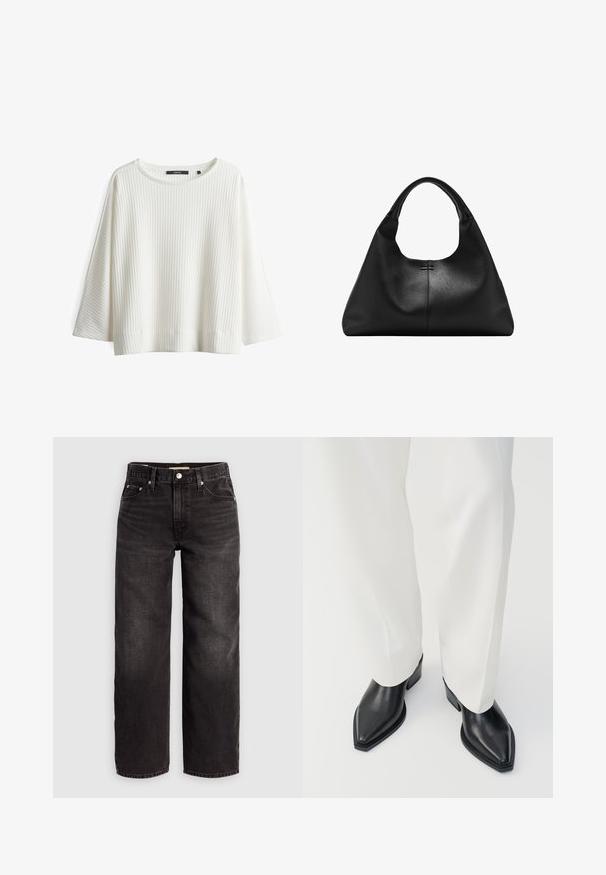 Witte geribde top met een ronde halslijn, brede mouwen en een losse pasvorm. Gemaakt van gestructureerd materiaal, met subtiele horizontale lijnen.; Levi's® BAGGY DAD - Baggy jeans - shrink up; Zwarte puntige enkellaarzen met een gladde leren afwerking, lage blokhakken, gecombineerd met witte wijde broekspijpen. Eenvoudig en modern design.; Zwarte handtas van getextureerd leer met brede basis en dikke afgeronde handgrepen, met een centrale verticale naad en subtiele stikdetails.