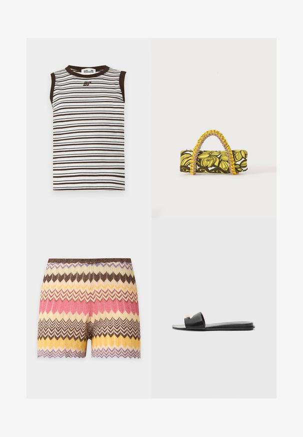 Haut blanc sans manches avec fines rayures horizontales marron foncé, bordure marron foncé au col et aux emmanchures, et logo "6F" au centre de la poitrine.; Shorts en maille avec motif zigzag dans des tons marron, crème, jaune, rose et violet, avec un ourlet festonné.; Sandales noires à glissière avec un large dessus, texture en cuir lisse, design à bout ouvert et détail doré sur la sangle. Semelle plate.; Sac rectangulaire avec motif floral jaune et noir et anse tressée jaune et rose sur fond blanc.