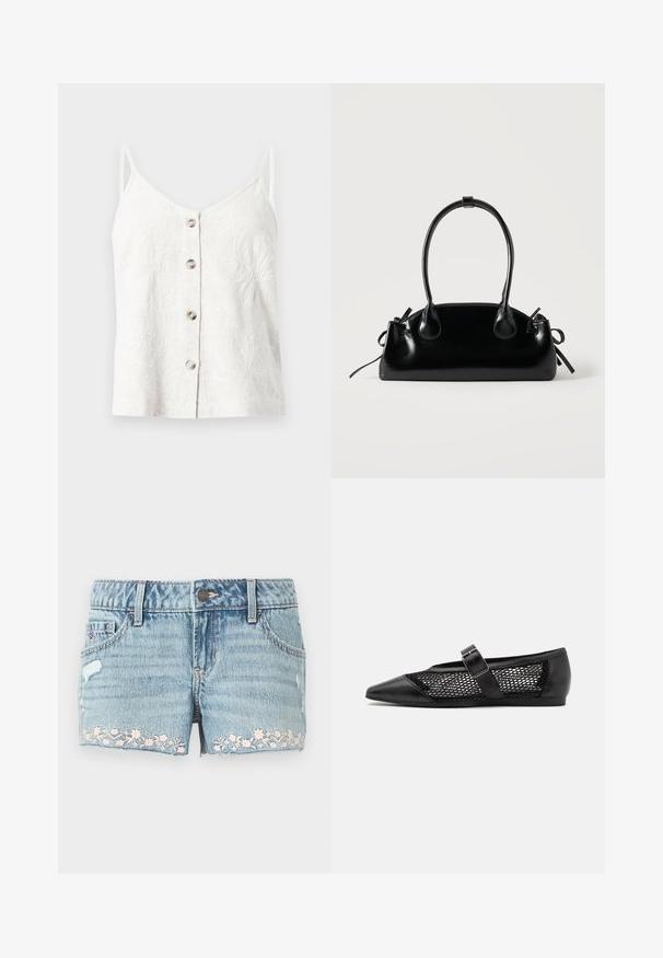 Haut blanc sans manches à boutons avec fines bretelles et motifs floraux brodés sur tissu léger.; Shorts en denim bleu clair avec un ourlet effiloché. Comprend une broderie florale rose près de l'ourlet, un design à cinq poches et une fermeture à bouton.; Chaussure plate noire avec un bout pointu, panneaux latéraux en maille et une sangle avec une boucle décorative. Fini lisse sur les sections du bout et du talon.; Petit sac à main noir brillant avec deux longues anses et des détails à cordon sur les côtés sur un fond clair uni.