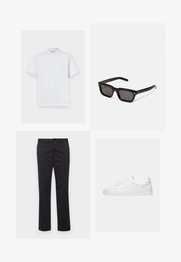 Witte polo met korte mouwen, gemaakt van katoen, met een klassieke kraag en een drie-knopssluiting. Soepele textuur, geen patronen.; Zwarte katoenen broek met een recht pijpdesign, voorzien van een knoopsluiting en riemlussen. Soepele textuur, geen zichtbare patronen of accenten.; Witte lage sneaker met vetersluiting, glad leren bovenwerk en dikke zool, gezien vanuit de zijkant tegen een effen achtergrond.; Zwarte rechthoekige zonnebril met donkere lenzen, een dik plastic montuur, gouden accenten op de veren en het merkembleem gegraveerd op de arm.