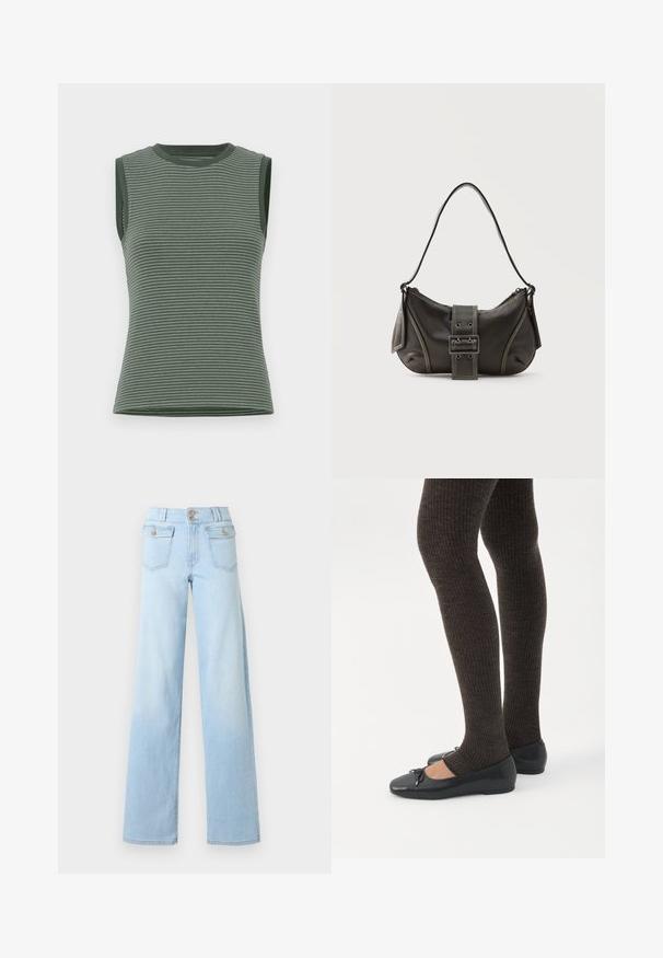 Débardeur sans manches de couleur vert muet, présentant des rayures horizontales, une texture côtelée et un col rond avec des finitions contrastées aux emmanchures.; Jean large taille haute bleu clair avec poches à rabat à l'avant sécurisées par des boutons et fermeture à double bouton à la taille.; Jambes portant des leggings côtelés foncés associés à des ballerines noires avec de petits détails en nœud sur fond blanc.; Sac à épaule en cuir noir avec une sangle à boucle, des bords arrondis et des coutures blanches contrastées sur un fond uni.