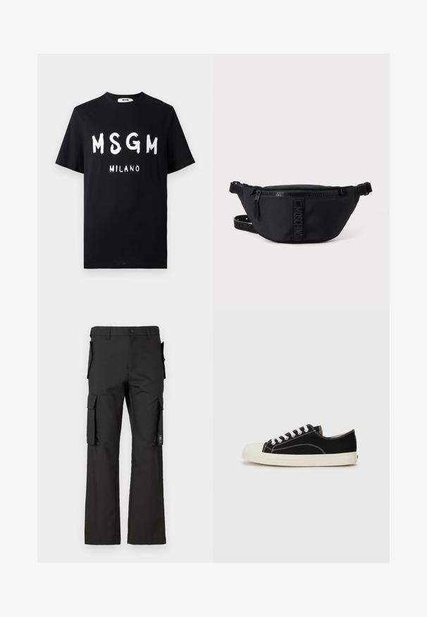 T-shirt en coton noir avec un texte blanc audacieux "MSGM MILANO". Manches courtes et col rond. Texture lisse avec une coupe décontractée.; Pantalons cargo noirs avec une coupe droite, présentant plusieurs poches latérales et une fermeture à bouton. Fabriqués en tissu résistant, texture lisse.; Baskets en toile noires avec des coutures blanches, un embout rond en caoutchouc et des lacets blancs. Présente un dessus en tissu texturé et une semelle beige.; Sac banane noir Moschino avec fermeture éclair frontale et sangle ajustable sur un fond uni clair.