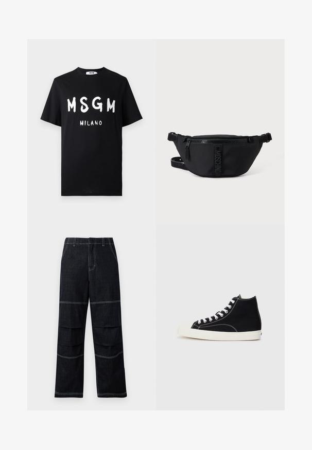 T-shirt en coton noir avec un texte blanc audacieux "MSGM MILANO". Manches courtes et col rond. Texture lisse avec une coupe décontractée.; Pantalons en denim foncé à jambes larges et taille haute, dotés de coutures contrastantes et de poches superposées sur les cuisses.; Baskets montantes en toile noires avec des lacets blancs, dotées d'un capuchon en caoutchouc et de surpiqûres blanches contrastantes.; Sac banane noir Moschino avec fermeture éclair frontale et sangle ajustable sur un fond uni clair.