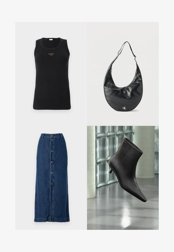 Débardeur noir à côtes avec un design ajusté, arborant une étiquette logo dorée sur la poitrine. Fabriqué à partir d'un tissu extensible, sans manches et avec un col rond.; Jupe maxi en denim bleu foncé, dotée d'une fermeture par boutons à l'avant et de fentes latérales, avec une silhouette droite et un ourlet cousu.; Bottine en cuir noir avec bout pointu et petit talon, présentée devant un mur en blocs de verre et un sol poli.; Sac d'épaule en cuir noir en forme de croissant avec une sangle ajustable et un logo argenté « cK » à l'avant, sur fond blanc.