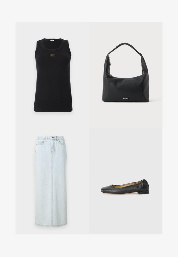 Débardeur noir à côtes avec un design ajusté, arborant une étiquette logo dorée sur la poitrine. Fabriqué à partir d'un tissu extensible, sans manches et avec un col rond.; Jupe maxi en denim bleu clair avec un design droit, fermeture à boutons sur le devant et couture visible. Elle comporte deux poches avant.; Ballerines en cuir noir avec un bout arrondi et des coutures minimales. Talon bas et rectangulaire avec une texture lisse. Détails subtils de doublure intérieure.; Sac à épaule en cuir noir avec anse tressée, détail de fermeture éclair dorée et petit logo "HUGO" doré au centre à l'avant.