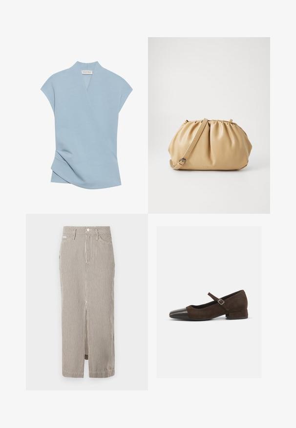 Haut bleu clair à manches courtes avec un design croisé, une texture douce et des détails de couture subtils. Fabriqué à partir d'un mélange de tissus confortable.; Jupe midi rayée en beige clair et marron foncé, fabriquée en coton, avec une fente sur le devant et des passants de ceinture. Design classique et coupe ajustée.; Chaussure Mary Jane en daim marron avec un embout en cuir verni noir, bride ajustable et un petit talon carré. Texture lisse avec de minimalistes accents.; Sac à main en cuir tan avec un design plissé, une sangle ajustable et une forme arrondie. Branding minimaliste sur la surface avant.