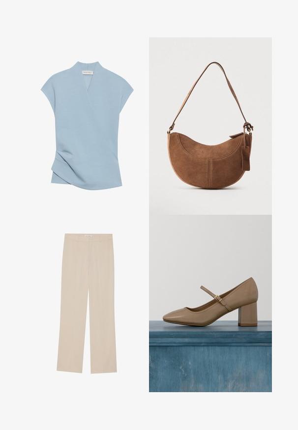 Lichtblauw kortere mouwtop met een wikkelontwerp, zachte textuur en subtiele stikdetails. Gemaakt van een comfortabele stofmix.; Beige wijde broek met een gladde textuur, met een getailleerde pasvorm, twee voorzakken en subtiele plooi-details langs de benen.; Beige leren pump met blokhak, ronde neus en een decoratieve band met een gouden gespsluiting. Gladde textuur, minimalistisch ontwerp.; Bruine suède handtas met een gebogen, halve maanvorm. Voorzien van een schouderriem, een klein label en zichtbare stiksels langs de randen.